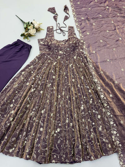Mauve Purple Gold Embroidery Work Anarkali Set
