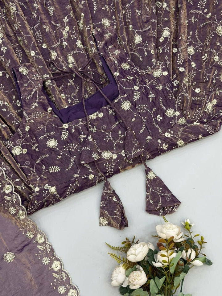 Mauve Purple Gold Embroidery Work Anarkali Set