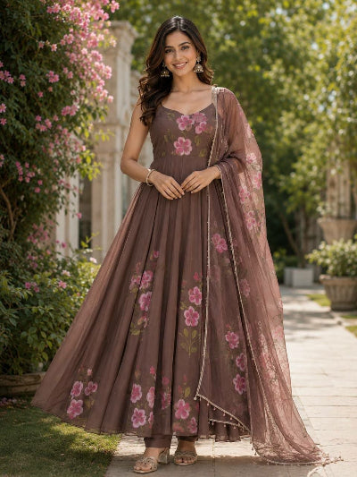 Brown Floral Hand painted Georgette Anarkali Suit