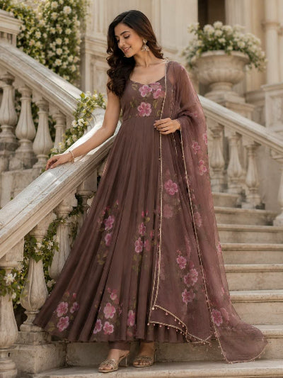 Brown Floral Hand painted Georgette Anarkali Suit
