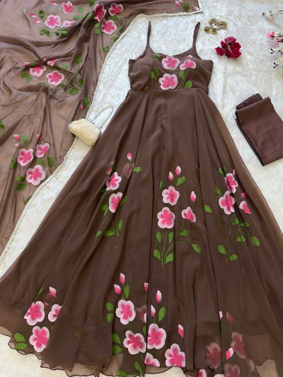 Brown Floral Hand painted Georgette Anarkali Suit