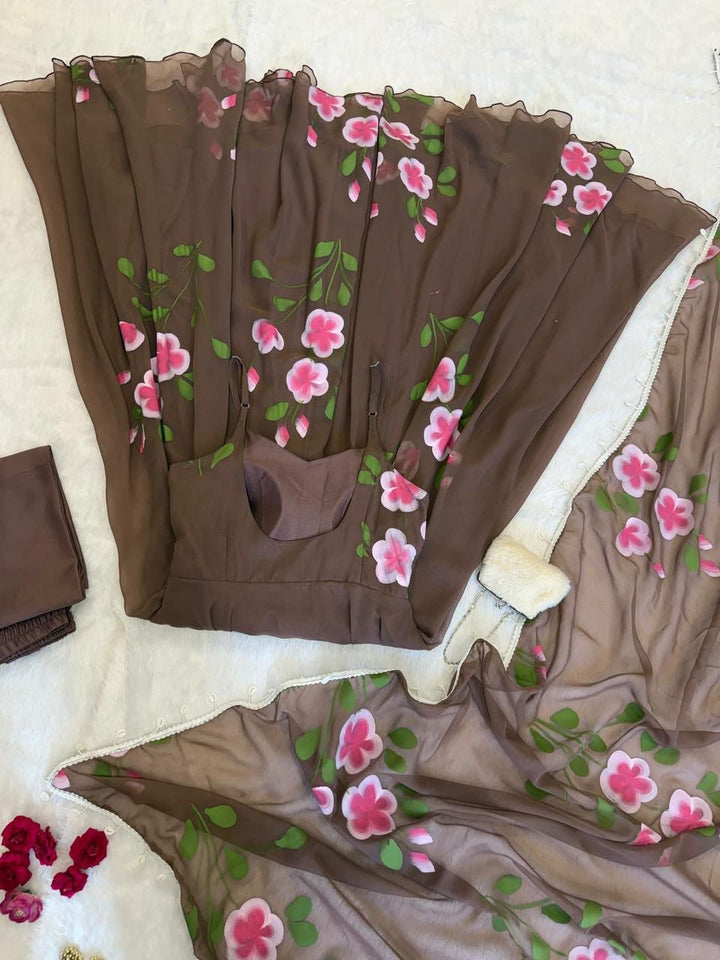 Brown Floral Hand painted Georgette Anarkali Suit