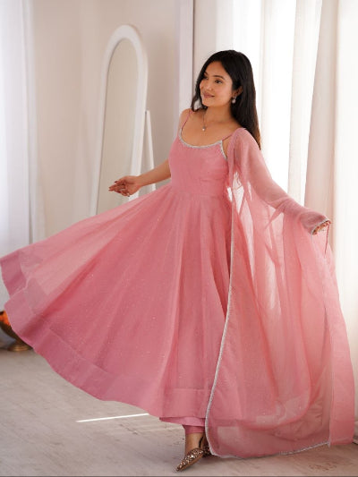 Blush Pink Sleeveless Crunchy Silk Anarkali Suit Set