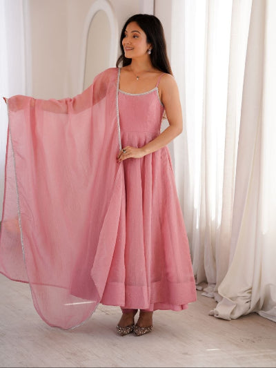 Blush Pink Sleeveless Crunchy Silk Anarkali Suit Set