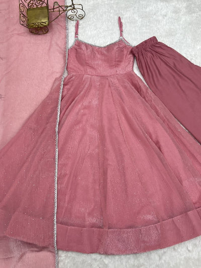 Blush Pink Sleeveless Crunchy Silk Anarkali Suit Set