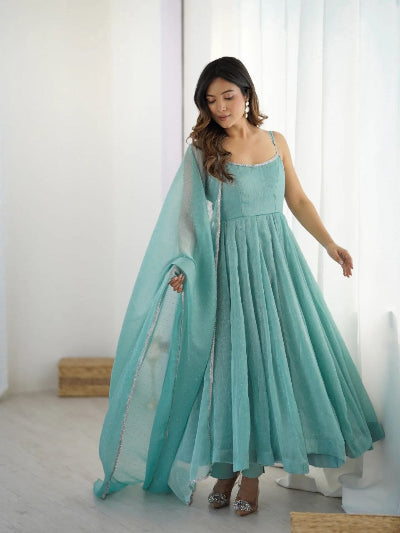 Aqua Blue Sleeveless Crunchy Silk Anarkali Suit Set