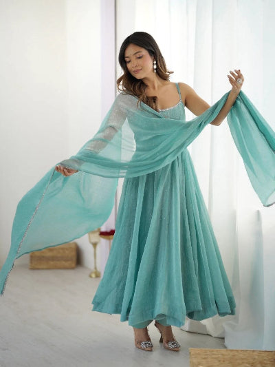 Aqua Blue Sleeveless Crunchy Silk Anarkali Suit Set
