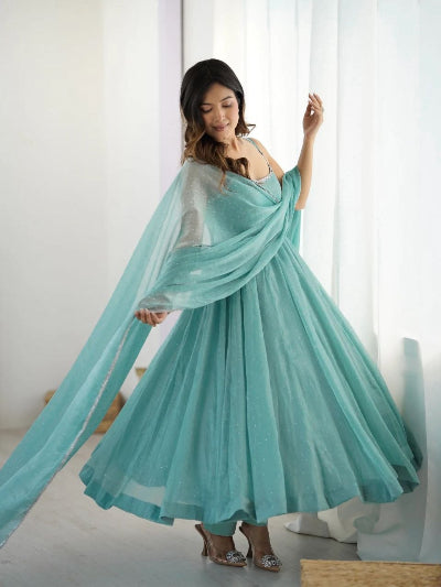 Aqua Blue Sleeveless Crunchy Silk Anarkali Suit Set