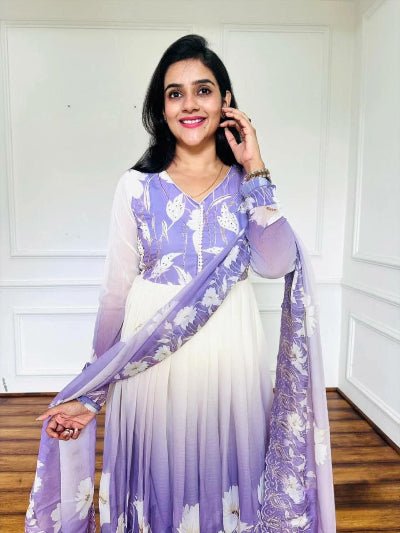 Purple Lavender Cream Ombre Georgette Anarkali Suit Set - BONYHUBSALWAR KAMEEZ