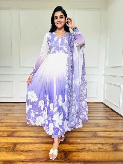 Purple Lavender Cream Ombre Georgette Anarkali Suit Set - BONYHUBSALWAR KAMEEZ