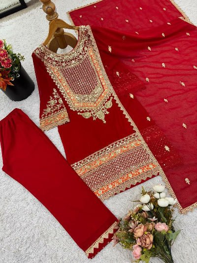 Red Georgette Gold Embroidered Salwar Suit Set - BONYHUBSALWAR KAMEEZ