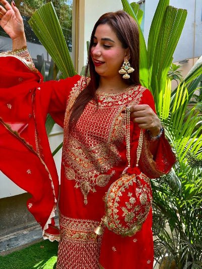 Red Georgette Gold Embroidered Salwar Suit Set - BONYHUBSALWAR KAMEEZ