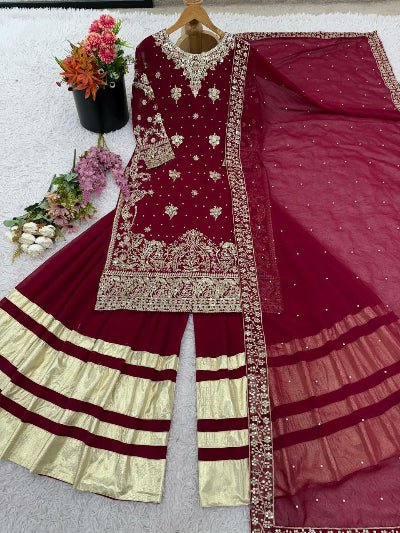 Maroon Georgette Embroidered Sequins Sharara Suit - BONYHUBSALWAR KAMEEZ