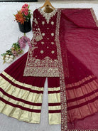 Maroon Georgette Embroidered Sequins Sharara Suit - BONYHUBSALWAR KAMEEZ