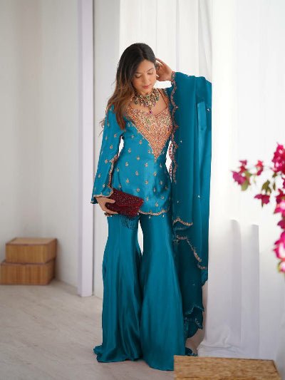 Sky Blue Simar Silk Embroidered Gharara Suit Set - BONYHUBSALWAR KAMEEZ