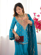 Sky Blue Simar Silk Embroidered Gharara Suit Set - BONYHUBSALWAR KAMEEZ