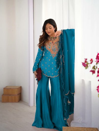 Sky Blue Simar Silk Embroidered Gharara Suit Set - BONYHUBSALWAR KAMEEZ