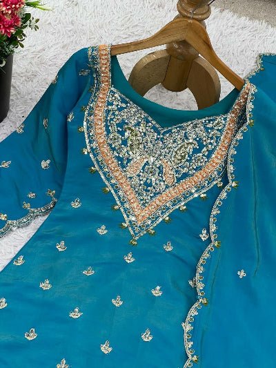 Sky Blue Simar Silk Embroidered Gharara Suit Set - BONYHUBSALWAR KAMEEZ