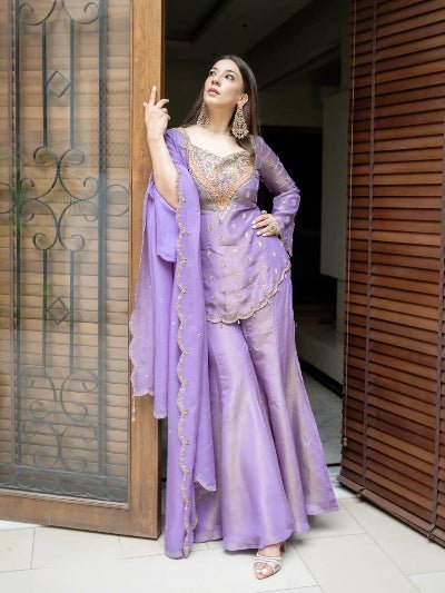 Lilac Simar Silk Embroidered Gharara Suit Set - BONYHUBSALWAR KAMEEZ