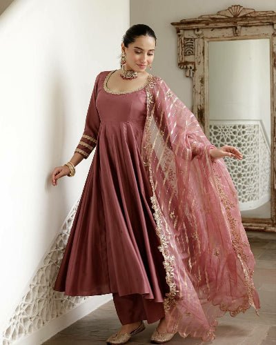 Dusty Mauve Pink Embroidered Anarkali Suit - BONYHUBSALWAR KAMEEZ