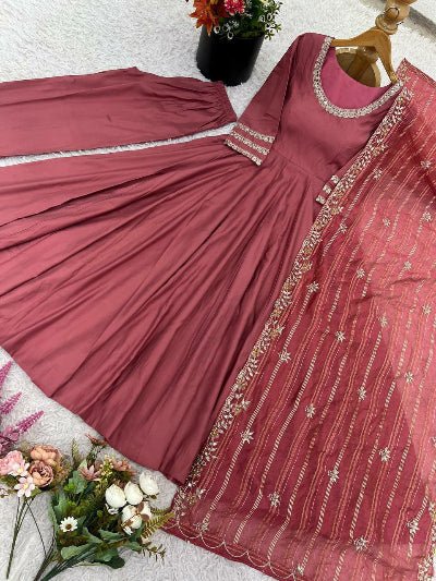 Dusty Mauve Pink Embroidered Anarkali Suit - BONYHUBSALWAR KAMEEZ