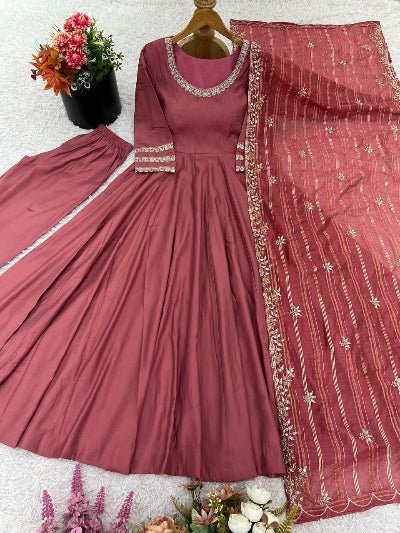 Dusty Mauve Pink Embroidered Anarkali Suit - BONYHUBSALWAR KAMEEZ