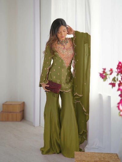 Mehendi Green Simar Silk Embroidered Gharara Suit Set - BONYHUBSALWAR KAMEEZ