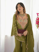 Mehendi Green Simar Silk Embroidered Gharara Suit Set - BONYHUBSALWAR KAMEEZ