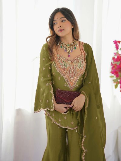 Mehendi Green Simar Silk Embroidered Gharara Suit Set - BONYHUBSALWAR KAMEEZ