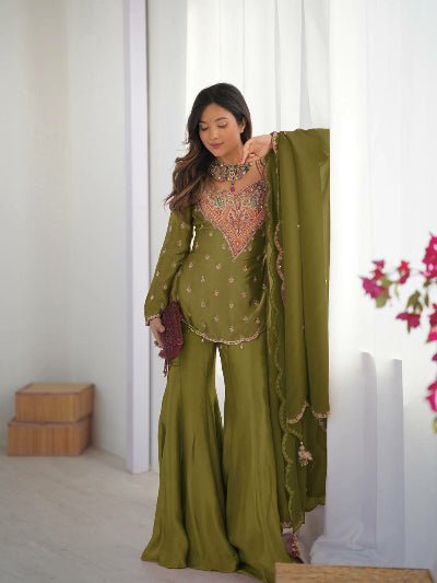 Mehendi Green Simar Silk Embroidered Gharara Suit Set - BONYHUBSALWAR KAMEEZ