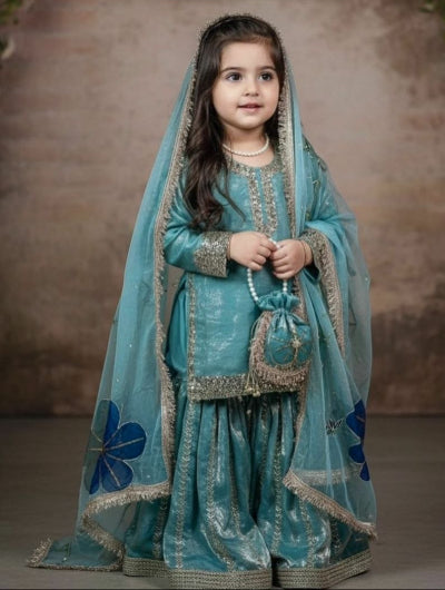 Blue Girls Silk Sharara Set UK | Kids Ethnic Wear