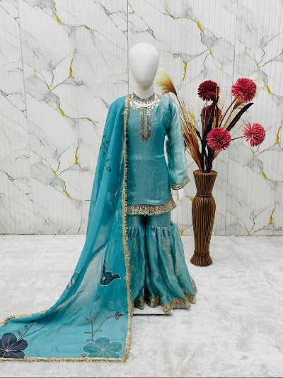 Blue Girls Silk Sharara Set UK | Kids Ethnic Wear