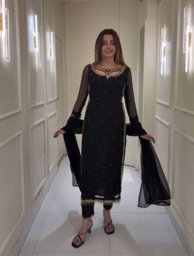 Black Georgette Moti Work Straight Suit Set - BONYHUBSALWAR KAMEEZ