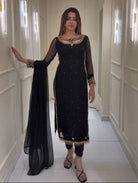 Black Georgette Moti Work Straight Suit Set - BONYHUBSALWAR KAMEEZ