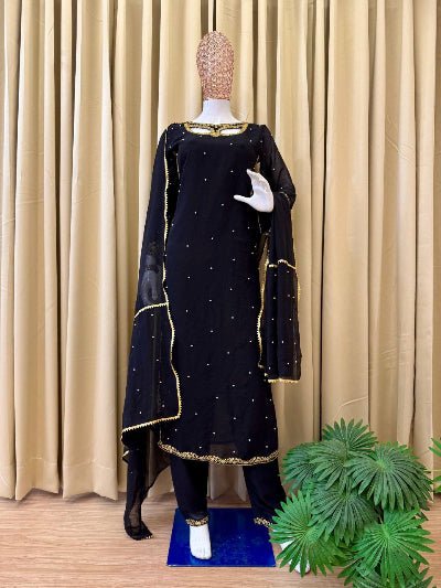 Black Georgette Moti Work Straight Suit Set - BONYHUBSALWAR KAMEEZ