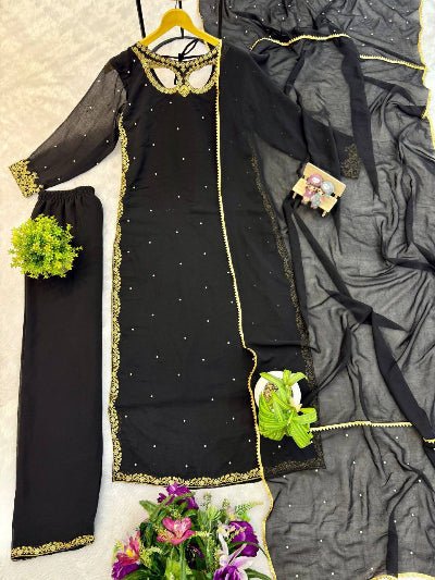 Black Georgette Moti Work Straight Suit Set - BONYHUBSALWAR KAMEEZ