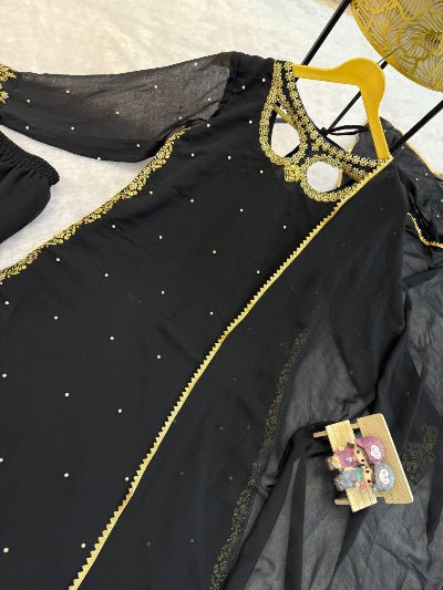 Black Georgette Moti Work Straight Suit Set - BONYHUBSALWAR KAMEEZ