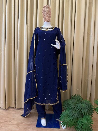 Navy Blue Georgette Moti Work Straight Suit Set - BONYHUBSALWAR KAMEEZ