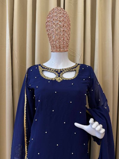 Navy Blue Georgette Moti Work Straight Suit Set - BONYHUBSALWAR KAMEEZ