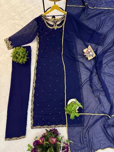 Navy Blue Georgette Moti Work Straight Suit Set - BONYHUBSALWAR KAMEEZ