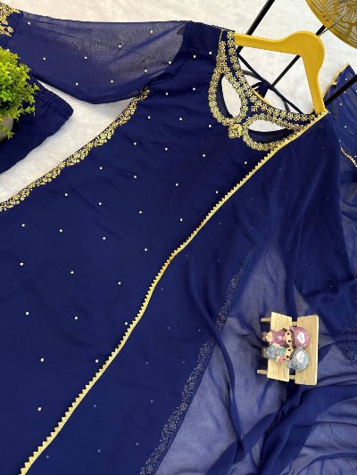 Navy Blue Georgette Moti Work Straight Suit Set - BONYHUBSALWAR KAMEEZ
