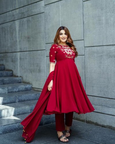Red Shimmer Silk Anarkali Suit Set - BONYHUBSALWAR KAMEEZ