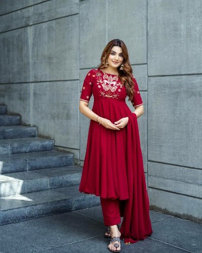 Red Shimmer Silk Anarkali Suit Set - BONYHUBSALWAR KAMEEZ