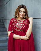 Red Shimmer Silk Anarkali Suit Set - BONYHUBSALWAR KAMEEZ