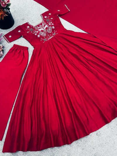 Red Shimmer Silk Anarkali Suit Set - BONYHUBSALWAR KAMEEZ