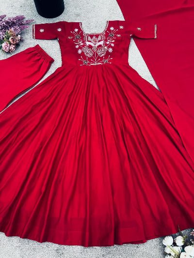 Red Shimmer Silk Anarkali Suit Set - BONYHUBSALWAR KAMEEZ