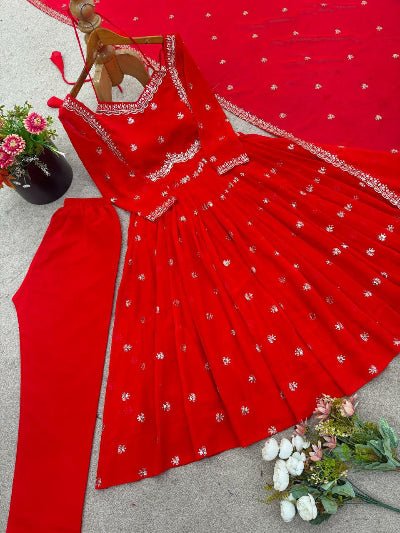Red Georgette Ethnic Embroidered Anarkali Suit Set - BONYHUBSALWAR KAMEEZ