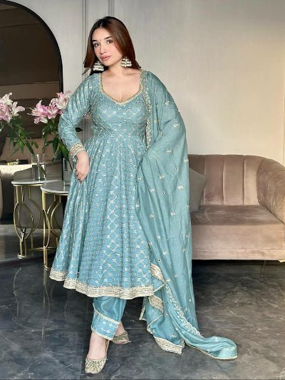 Powder Blue Georgette Embroidered Anarkali Suit Set - BONYHUBSALWAR KAMEEZ