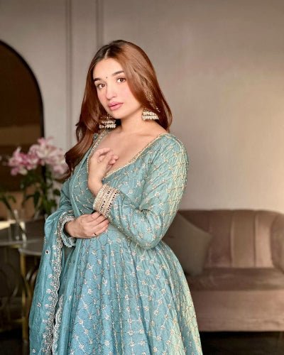 Powder Blue Georgette Embroidered Anarkali Suit Set - BONYHUBSALWAR KAMEEZ