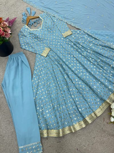 Powder Blue Georgette Embroidered Anarkali Suit Set - BONYHUBSALWAR KAMEEZ